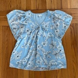 DR2 Blue Floral Babydoll Short Sleeve Blouse Small